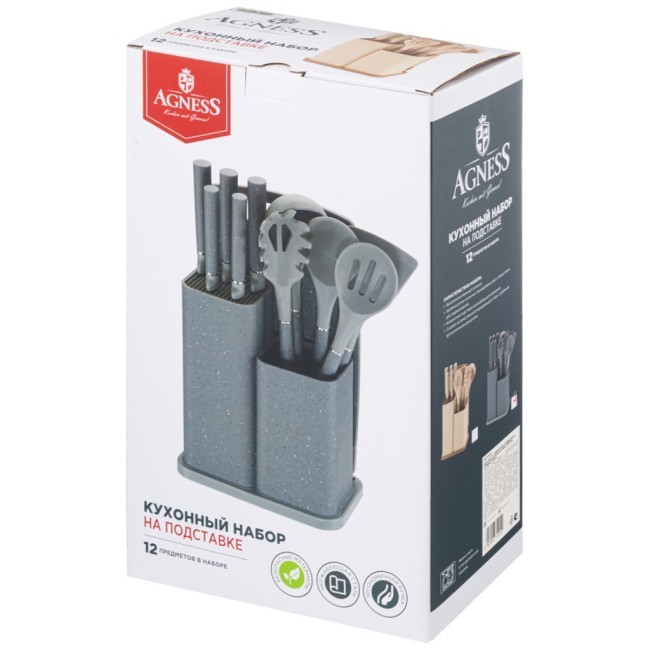 Набор agness из 12пр: 5 ножей,доска,подставка,половник,ложка,лопатка,шумовка,ложка для спагетти Agness (671-201)