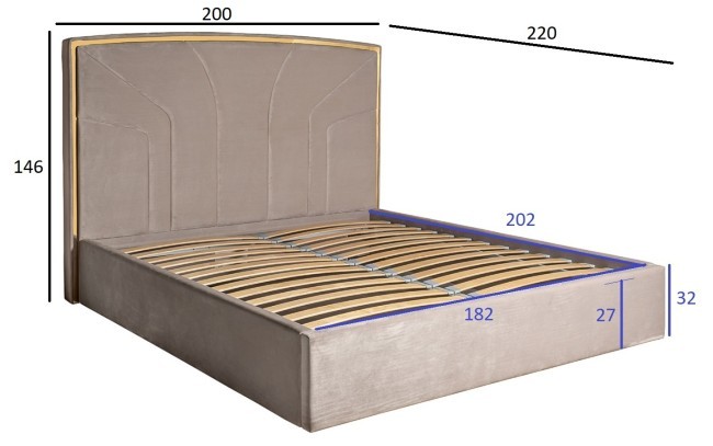 Кровать Lancy 180см, велюр серый 200*220*146см (TT-00009831)
