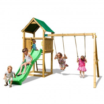 Набор для игровой площадки: детский домик с песочницей и 2скатной крышей, горкой и 2мя качелями (PS217-01)