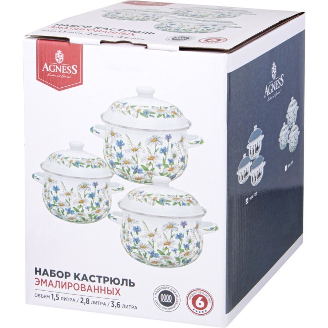 Набор кастрюль agness  эмалированных серия "family farm", 6пр. 1,5/2,8/3,6л, 16х10/20х12/22х13см Agness (934-720)