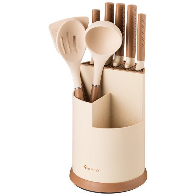 Набор agness из 9пр: 5 ножей, половник, лопатка и шумовка, вращающаяся подставка Agness (671-204)