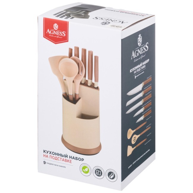 Набор agness из 9пр: 5 ножей, половник, лопатка и шумовка, вращающаяся подставка Agness (671-204)