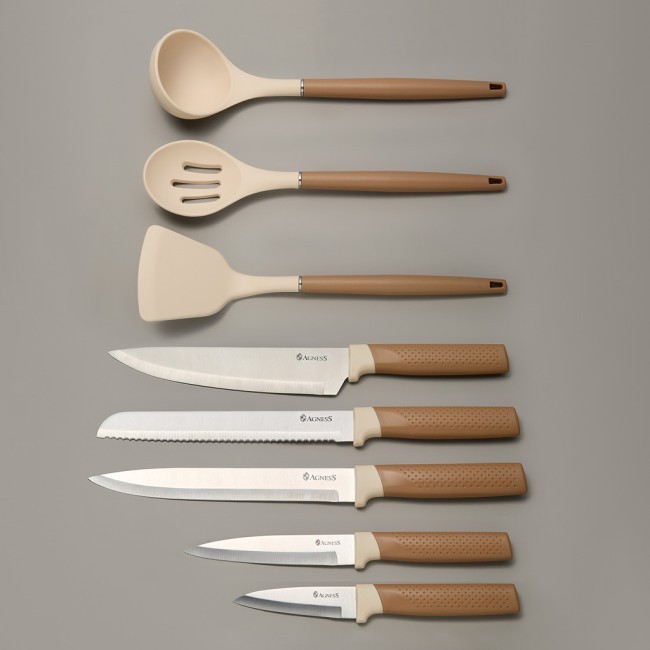 Набор agness из 9пр: 5 ножей, половник, лопатка и шумовка, вращающаяся подставка Agness (671-204)