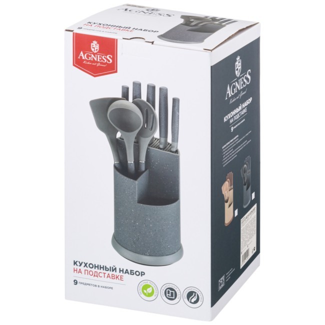 Набор agness из 9пр: 5 ножей, половник, лопатка и шумовка, вращающаяся подставка, цвет: серый Agness (671-205)