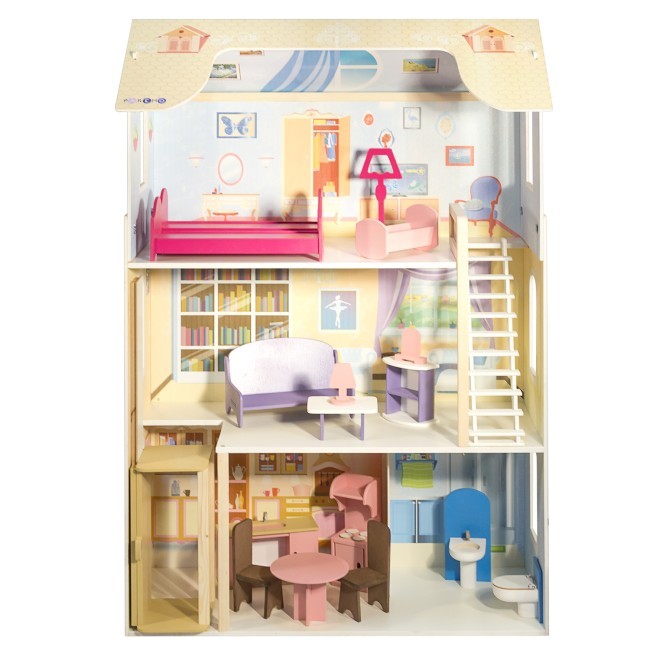 Деревянный кукольный домик "Грация", с мебелью 16 предметов в наборе и с качелями, для кукол 30 см (PD315-03)