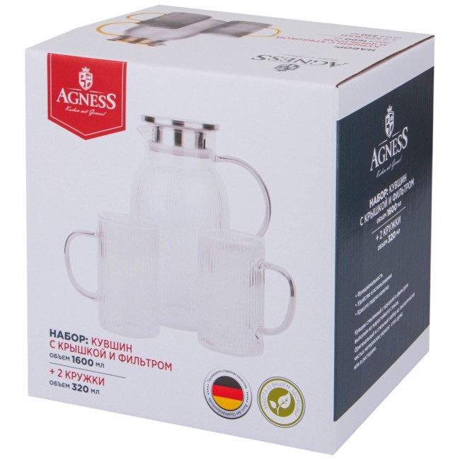 Набор agness"high-tech" кувшин с крышкой фильтром 1600 мл + 2 кружки 320 мл цвет:прозрачный Agness (889-150)
