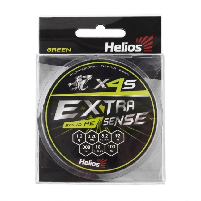 Шнур плетеный Helios Extrasense X4S PE 1.2/18LB 0,20мм 92м Green HS-ES-X4S-1.2/18LB (76095)