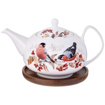 Чайник lefard "лесная сказка" снегири  930 мл на дерев. подставке Lefard (85-2023)