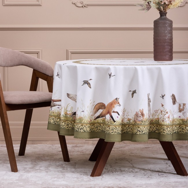 Скатерть круглая "охота"190 см ,100% хлопок,зеленый, твил, пропитка Lefard (850-751-22)