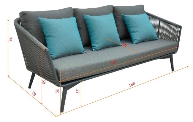 Диван трехместный "ARIAL" уличный серый 188*80*75см (TT-00012372)