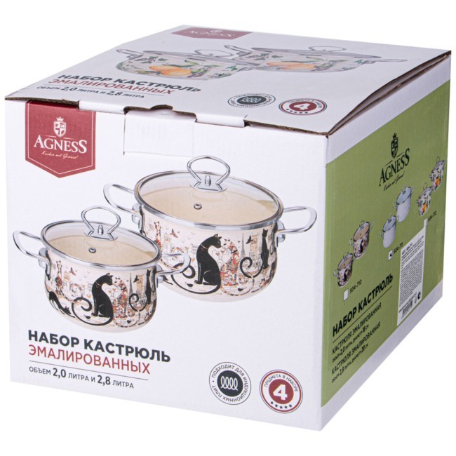 Набор кастрюль agness эмалированных серия "парижские коты" 4пр. 2,0л и 2,8л, 18х11см, 20х12см Agness (934-710)