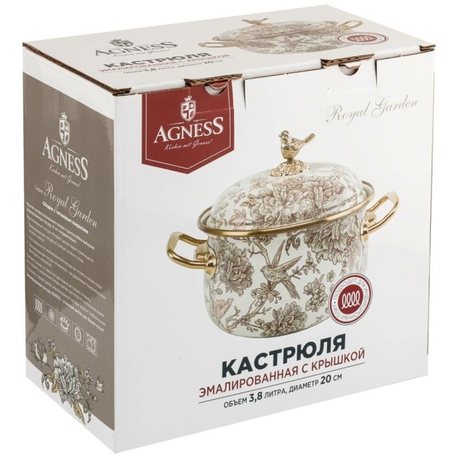 Кастрюля эмалированная agness с крышкой, серия royal garden 3,8л, диа.20см подходит для индукцион.пл Agness (950-083) Кастрюля эмалированная agness с крышкой, серия royal garden 3,8л, диа.20см подходит для индукцион.пл Agness (950-083)