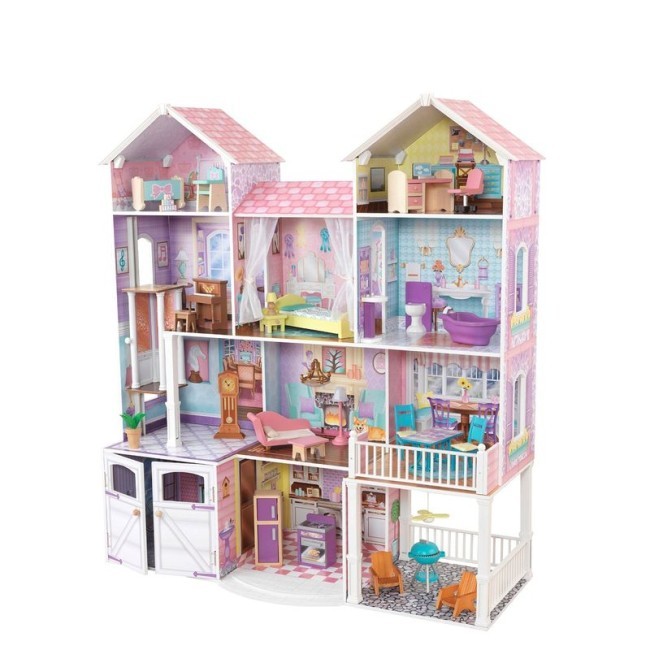 Деревянный кукольный домик "Загородная усадьба", с мебелью 31 предмет в наборе и с гаражом, для кукол 30 см (65242_KE)