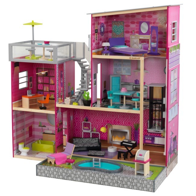 Деревянный кукольный домик "Глянец", с мебелью 35 предметов в наборе и с бассейном, для кукол 30 см (65833_KE)