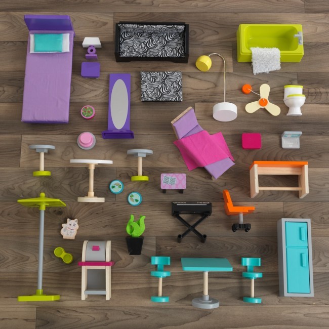 Деревянный кукольный домик "Глянец", с мебелью 35 предметов в наборе и с бассейном, для кукол 30 см (65833_KE)