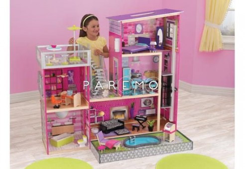 Деревянный кукольный домик "Глянец", с мебелью 35 предметов в наборе и с бассейном, для кукол 30 см (65833_KE)