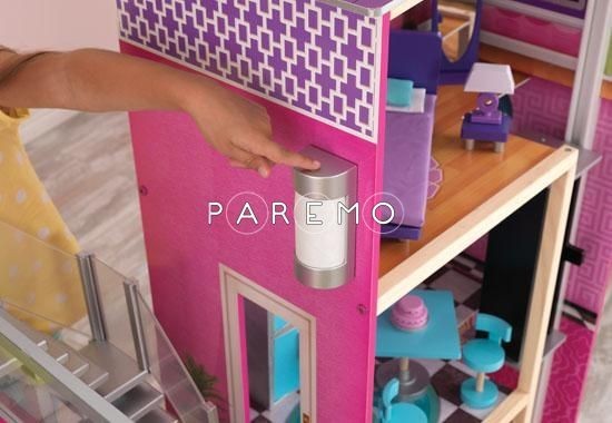 Деревянный кукольный домик "Глянец", с мебелью 35 предметов в наборе и с бассейном, для кукол 30 см (65833_KE)