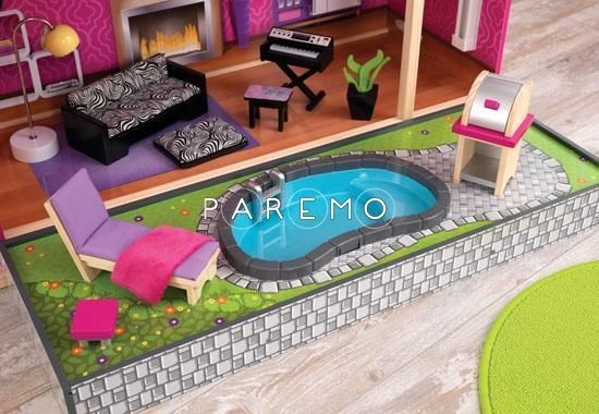 Деревянный кукольный домик "Глянец", с мебелью 35 предметов в наборе и с бассейном, для кукол 30 см (65833_KE)