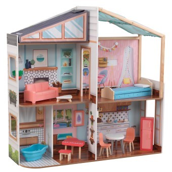 Деревянный кукольный домик с магнитным дизайном интерьера 14 предметов, с мебелью 15 предметов в наборе, для кукол 30 см (10154_KE)