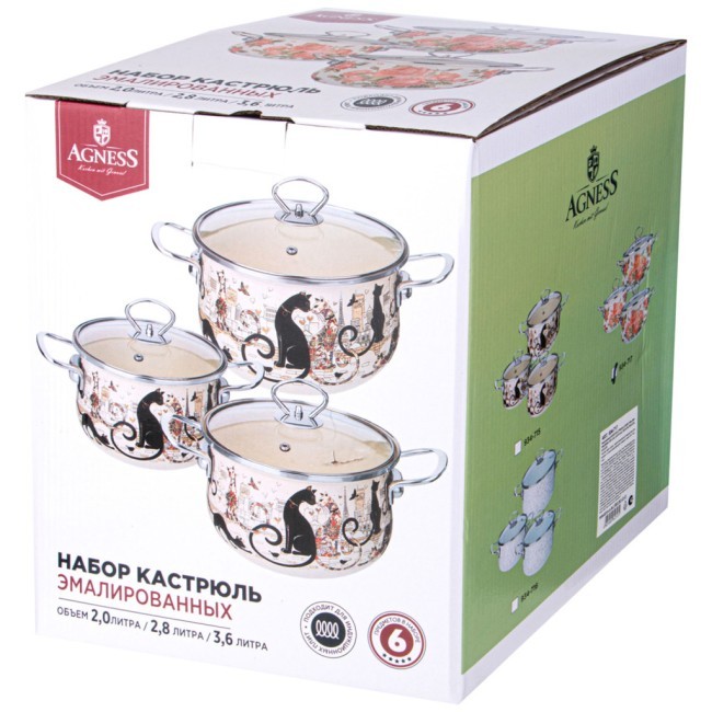 Набор кастрюль agness эмалированных серия "парижские коты", 6пр. 2,0/2,8/3,6л,18х11/20х12/22х13см Agness (934-715) Набор кастрюль agness эмалированных серия "парижские коты", 6пр. 2,0/2,8/3,6л,18х11/20х12/22х13см Agness (934-715)