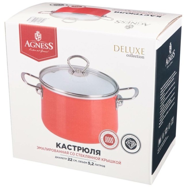 Кастрюля эмалир. со стекл. крышкой с эффектом металлик серия "deluxe" цв:красный 5,2 л. 22х15 см Agness (901-053) Кастрюля эмалир. со стекл. крышкой с эффектом металлик серия "deluxe" цв:красный 5,2 л. 22х15 см Agness (901-053)