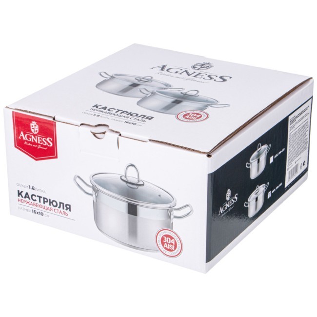 Кастрюля agness 16x10 см 1,8 л высококачественная нерж сталь 18/10 со стекл.крышкой Agness (916-450)